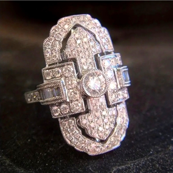 Source Unknown Jewelry - 925 Silver Art Deco Design Cocktail Ring SIZE 7